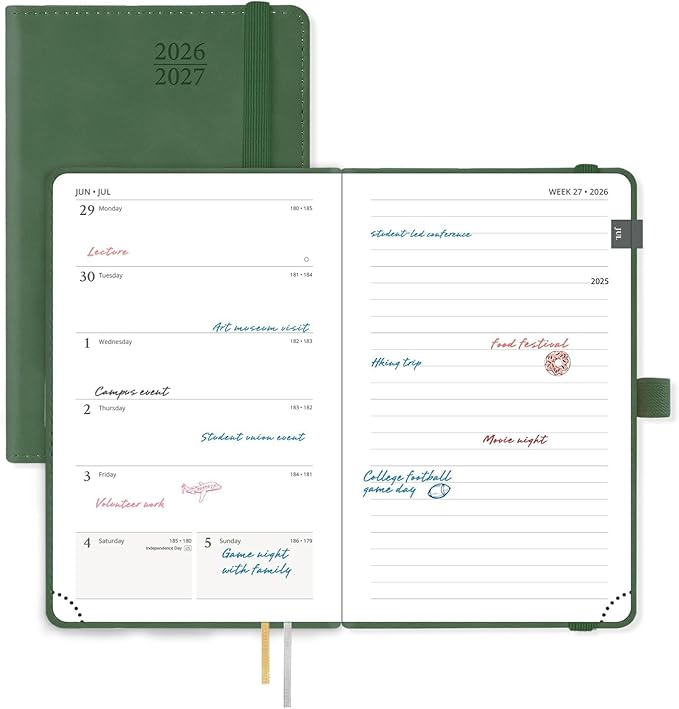POPRUN 2026-2027 Pocket Planner (Size 4''x 6.25'') Weekly and Monthly Academic Calendar (JUL.26 - JUN.27) with Note Page and Monthly Tabs, Inner Pocket, Leather Soft Cover, 100 GSM - Green