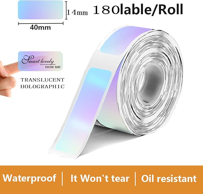 3 Rolls Compatible with D30/P11/HP1 Label Tapes, Multicolor Holographic Thermal Paper, 14 x 40 mm, Waterproof self-Adhesive Label Tapes, Suitable for Office and Other scenarios (180 Labels per roll)