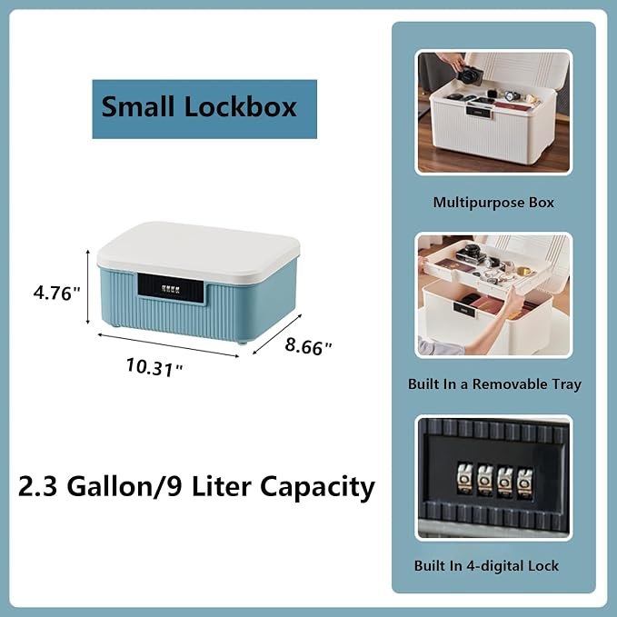 Lockable Storage Container Bin, 2.3 Gallon /9 Liter Capacity Organizer Box & Plastic Trunk for Office/Home Security | Heavy Duty ABS Storage Box, White&Blue