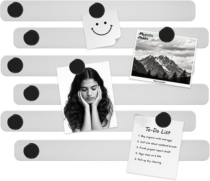 Magnetic Board - 6Pcs Magnet Bulletin Board, Frameless Stainless Iron Magnetic Strips with Adhesive Backing, Magnet Memo Board Bar, Includes 10 Black Magnets for Office, Home, Kitchen, School