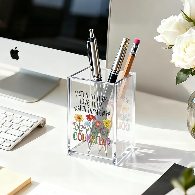 Listen To Them Love Them Counselor Acrylic Pen Holder Cosmetic Organizer, Fun Pencil Pen Holder Desk Accessories for School Counselor Psychology Therapist Teacher, Counselling Appreciation Gifts
