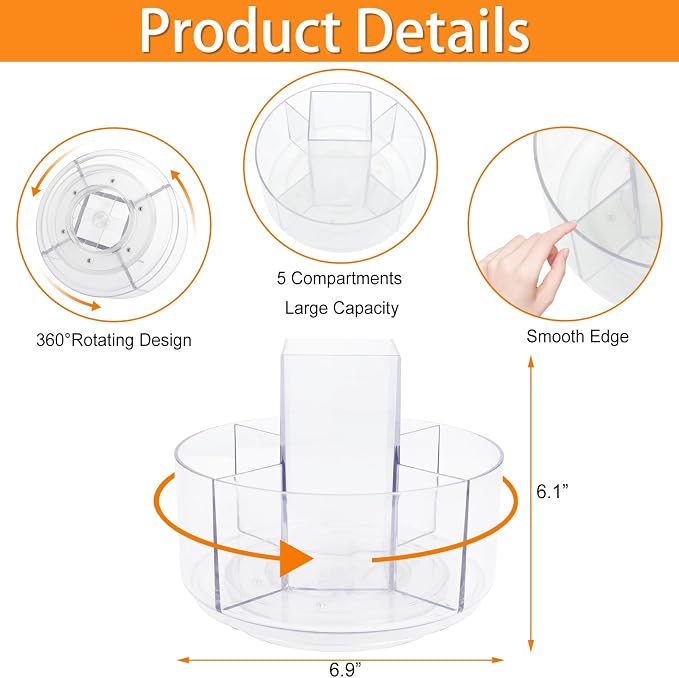 Pencil Holder for Desk, 360-Degree Rotating Pen Marker Crayon Organizer, Spinning Acrylic Desk Pen Organizer Storage, 5 Slots Large Capcaity Caddy for Home Office School Kids Art Supplies