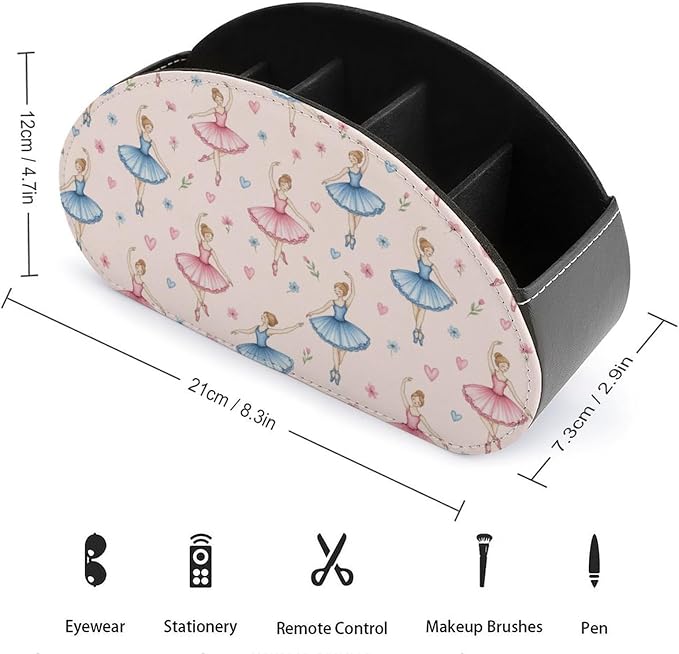 5-Compartment Remote Caddy, PU Leather Storage Box for TV Controllers, Media Players, and Office Desk Organizer, Ballerina Girls Pink