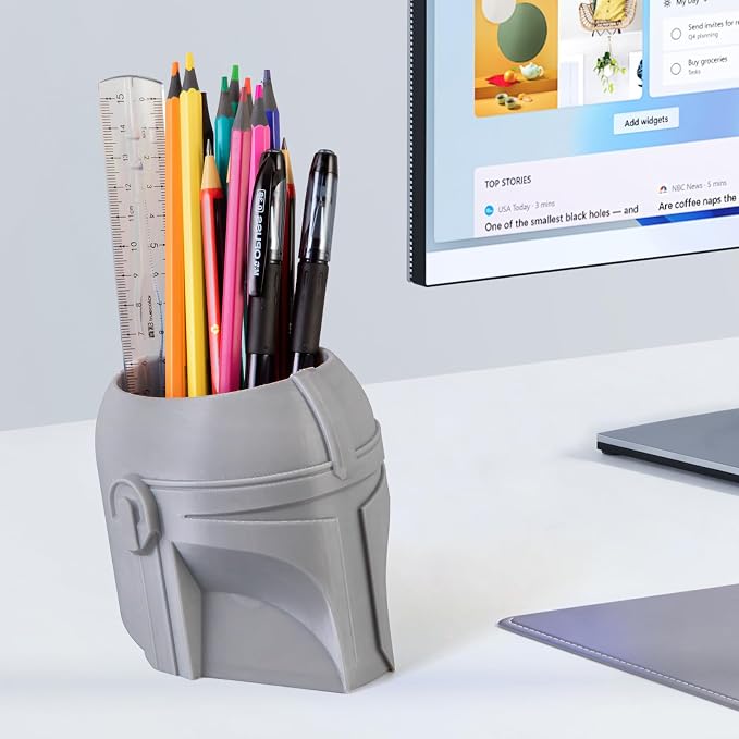 Cool Helmet Pen Holder, Armor Figurine Pencil Holder for Office Desk Decor, 3D Printed, Grey, Durable and Fun Gift Idea