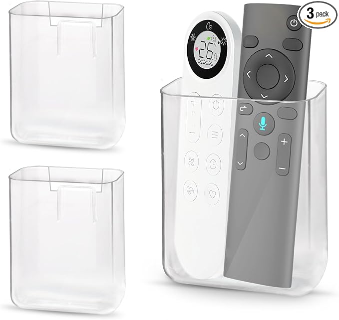 LELE LIFE 3Pcs Remote Control Holder Wall Mount, Adhesive Clear Acrylic Remote Holder Pen Pencil Dry Erase Marker Makeup Brush Holder Organizer for Office Home Storage, Small