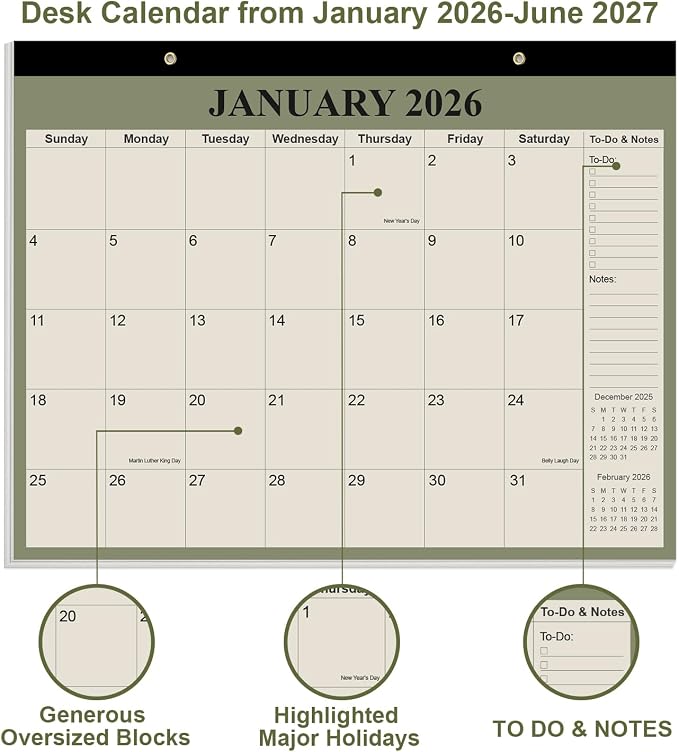Desk Calendar 2026-2027 - Calendar 2026-2027 from July 2026 to June 2027, 18 Months Calendar with Thick Paper for Office, Home, School Organizing, 14" X 11", Cyan