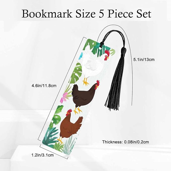 Cute Chickens Bookmarks 5 Pcs Floral Palm Leaves Cartoon Hen Wooden Bookmark with Tassels for Reading Book Lovers Gift Office School Readers Teacher