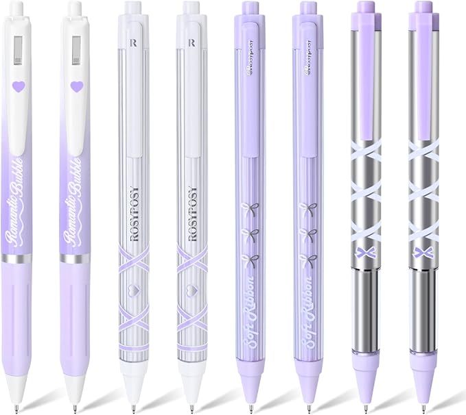 BAYTORY 8Pcs Gel Pens, Aesthetic Pens, Fine Point 0.5 mm Pen for Journaling, Retractable Quick Dry Black Ink, Smooth Writing for Office School Supplies (Purple Series)