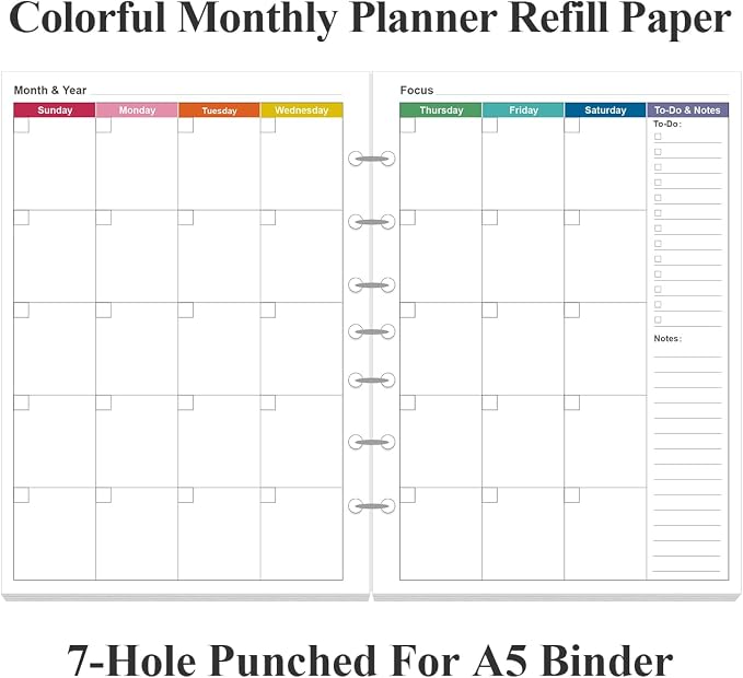 Monthly Planner Refills for Mini Binders - 53 Sheets/106 Pages Undated Colorful Monthly Planner, 7-Hole Punched, 100 gsm White Paper, Lasts 2 Year, Undated, 5.8" x 8.3"