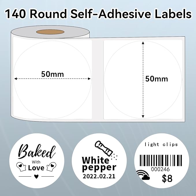M110 Label 1.96" x 1.96" (50x50 mm), Compatible with Label Maker M110/ M100/ M220/ N20/ M120//M421/241BT/243BT, 140 Labels/Roll, Multi-Purpose Adhesive Circle Thermal Labels, Black on White