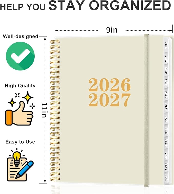 Planner 2026-2027 - Academic Planner from July 2026 to June 2027, Weekly & Monthly Planners Spiral Bound with 12-Month Tabs, Inner Pocket, 8.5" x 11", Beige