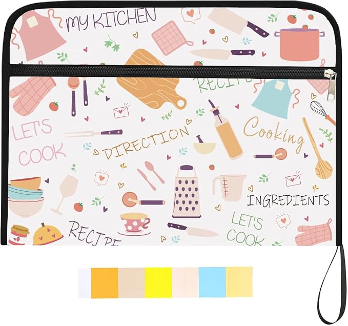 WEBEEDY Cooking Patterns Expanding File Folder 13 Pockets Kitchen Utensils Accordion Folder File Organizer with Labels and Zipper, Portable Document Organiser for A4 Paper Photo Receipt Paperwork
