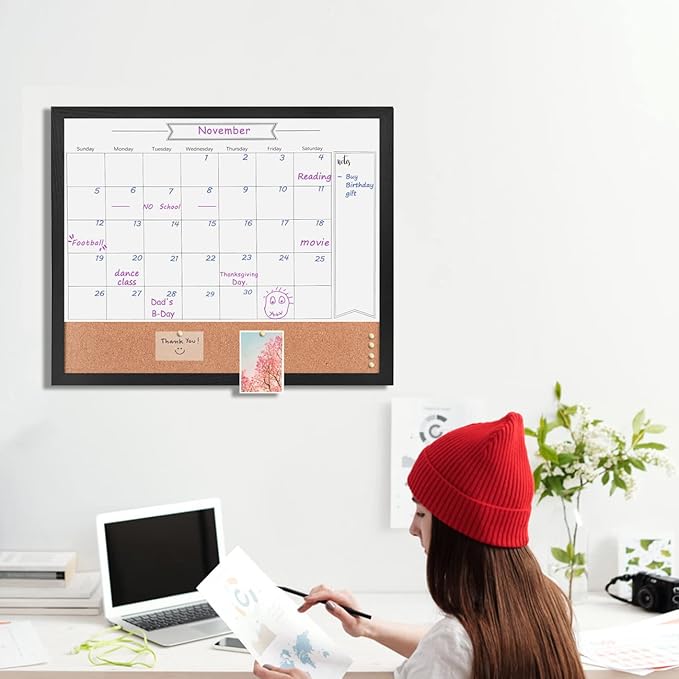 Dry Erase Calendar Whiteboard for Wall, Combination Magnetic Dry Erase White Board & Bulletin Board, 17.7" x 21.6" Black Wood Framed Calendar/Cork Combo Board(BK-4555)