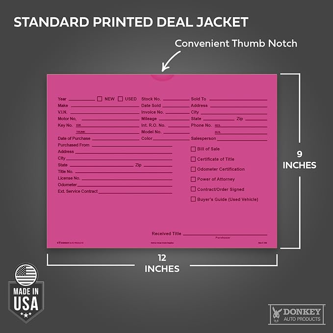 Printed Vehicle Deal Envelopes 9x12 Deal Jackets (100 shrink wrapped) (Fuchsia)