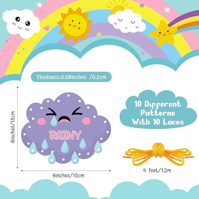 Funrous 10 Pieces Kids Recognition Lacing Cards Thick Cardboard Educational Sewing Cards Double Sided Lacing Playing Games for Children Toddler Preschool Developing Imagination Supplies (Weather)