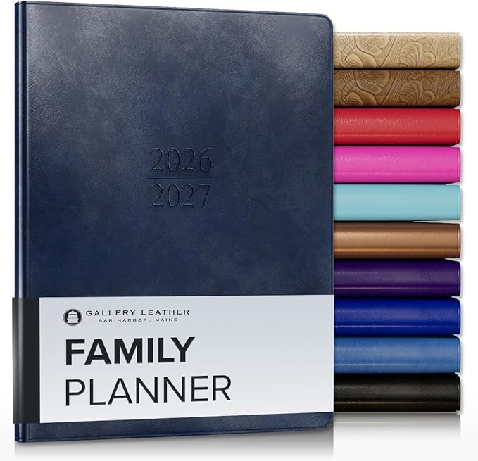 Gallery Leather Family Planner 2027, for moms, Elegantly Bound Calendar Planner and Notebook with Stylish White Page Edges, 18 Months - Acadia Navy - 9x7"