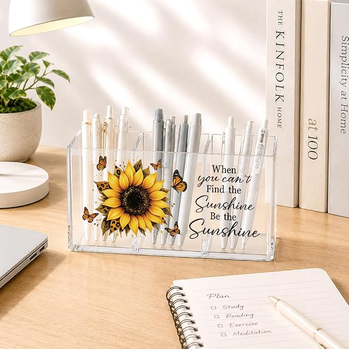 Be The Sunshine Acrylic Pen Holder for Desk, Sunflower Butterfly Desk Organizer Decor for Office Home, Inspirational Back to School Graduation Gifts for Women Teachers Students Coworkers Friends