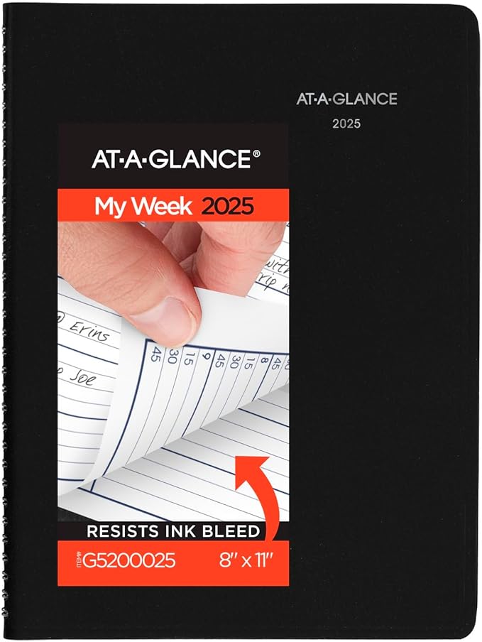 AT-A-GLANCE 2025 Appointment Book Planner, Weekly, 8" x 11", Large, Quarter-Hourly, DayMinder, Black (G5200025)