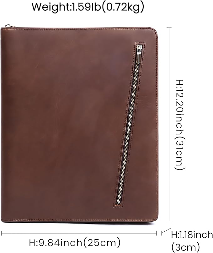 Crazy Horse Leather Portfolio Binder with 3-Zipper, 11-inch iPad Holder Padfolio, Executive Business Organizer for iPad Pro 13, Air 13, Mini, Document Case & Legal Pad Holder for Men & Women