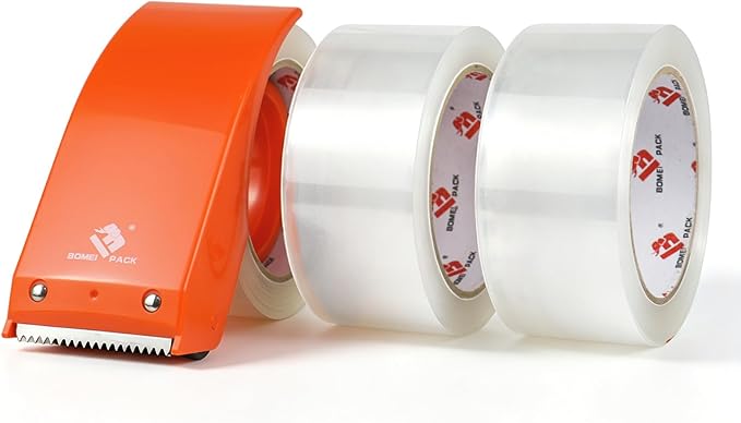BOMEI PACK Heavy Duty Packing Tape with Dispenser 1.88'' x 66 YDs, Clear Box Tape for Packaging Shipping Moving Storage and Mailing, Strong Package Tape 3 Rolls + 1 Dispenser, Total 198 YDs