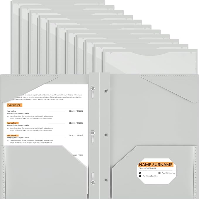 Henoyso 18 Pcs Plastic Folder with Clear Front Pocket and 3 Prong Plastic Folders with Card Slot Pocket Folders with Prongs for School Office (Gray White)