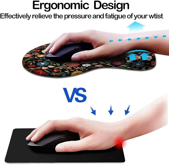 Ergonomic Mouse Pad with Wrist Support,Mouse Pad with Wrist Rest and Coaster Set,Office Supplies Non-Slip Mouse Pads for Desk, Non-Slip Comfortable,Black Floral