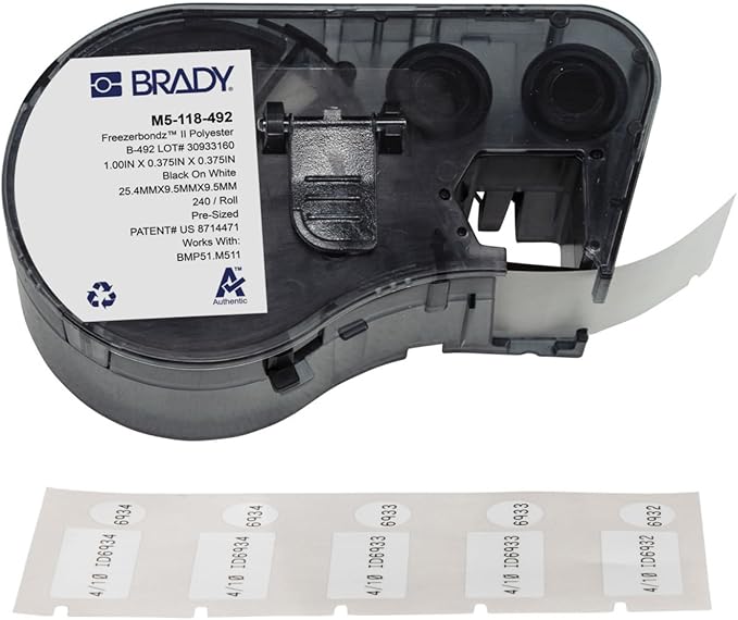 Brady Authentic (M5-118-492) FreezerBondz™ Ultra-Thin Cryogenic Polyester LBL .375 x 1 x .375Dia Black on White, 240 Labels. for use with The BMP51 and M511 Label Printers
