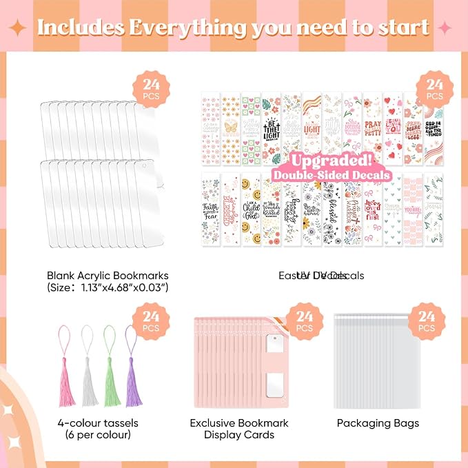 Kaciola 24PCS Acrylic Bookmark Blanks with 24PCS Faith Theme UV DTF Stickers and 4 Colors Tassels,Blank Bookmarks UV DTF Transfers Stickers for DIY Crafts Hanging Tag Gift Bookmarks DIY