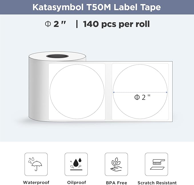 SUPVAN T50M Series Label Maker Tape, 4 Rolls Round Size Φ 2'' 140 Labels/Roll Genuine Laminated Thermal Label Tape Refill, Waterproof Oilproof Highly Adhesive Auto Detect Labels, Black on White