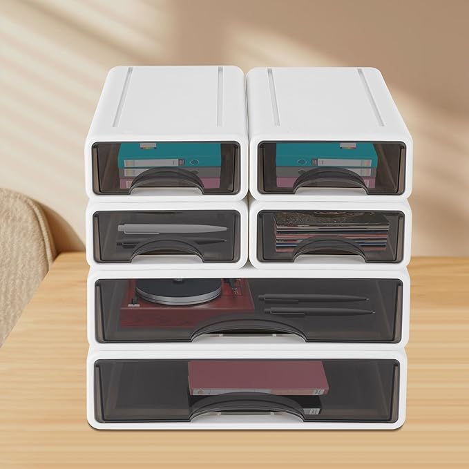 6 Pcs Desk Organizer Office Storage Box with 6 Drawers Plastic Drawers Organizer Stackable Storage Drawers for Office Supplies, Pencils, Markers, Tape, Erasers, Paperclips, White