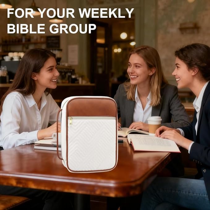 Bible Cover Case for Women, Quilted Large Handle Vegan Leather Bible Bags with Bible Study Supplies Accessories Church,Classroom,Campus,Neighborhood Association (Vintage White & Brown,M/L)