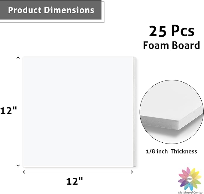 Mat Board Center, Pack of 25 Foam Core Backing Boards 1/8" (12x12, White)