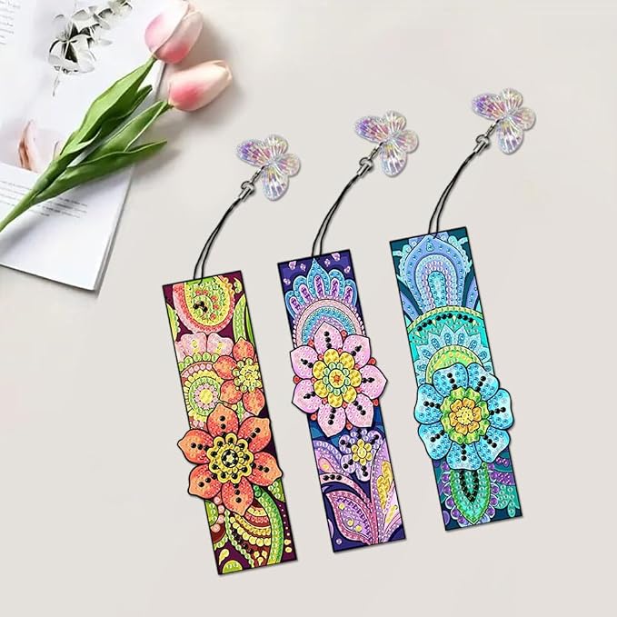 6PCS Mandala Diamond Painting Bookmark DIY Diamond Art Kits for Adults, Acrylic Diamond Art Bookmarks with Pendant for Book Lovers