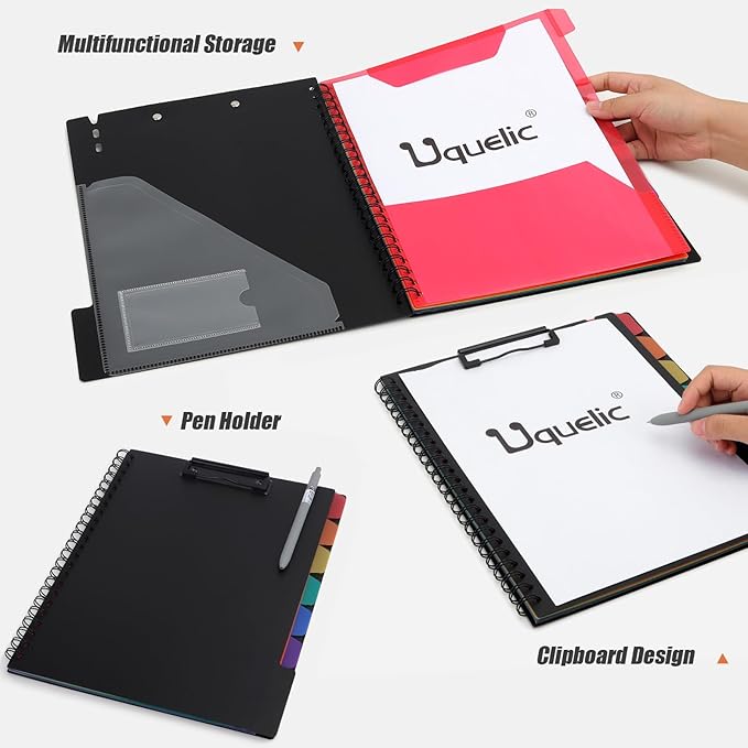 Uquelic Clipboard with Folder Organizer, 12 Pockets Project Organizer - Refillable Lined Notepad (11" x 8.5"), Hardcover Project Organizer with Stay-Put Tabs(2 Pack)
