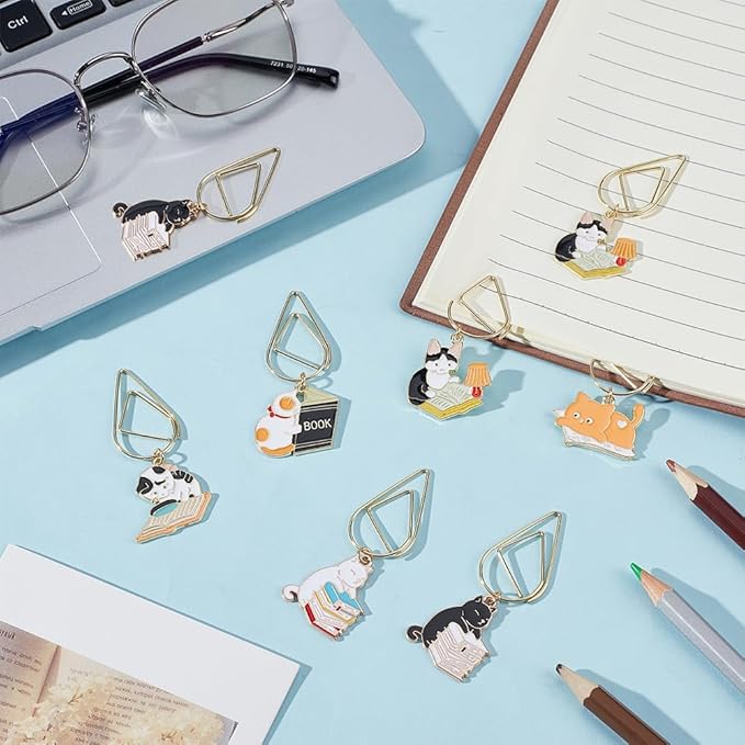 OLYCRAFT 12Pcs 6 Styles Paperclips 2.1~2.4 Inch Alloy Enamel Pendant Paperclip Metal Paper Clip Book Cat Pendant Creative Paperclip Bookmark Paperclips for Paper Document Sorting and Organizing
