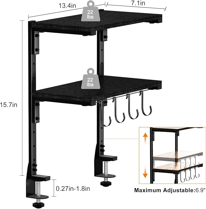 Clamp-on Desk Shelf, 13 inch Above or Below Desk 2-Tier Shelving, Adjustable Metal Storage Tray for Gaming Devices or Office Desk Accessories and More, Black, Patent Pending