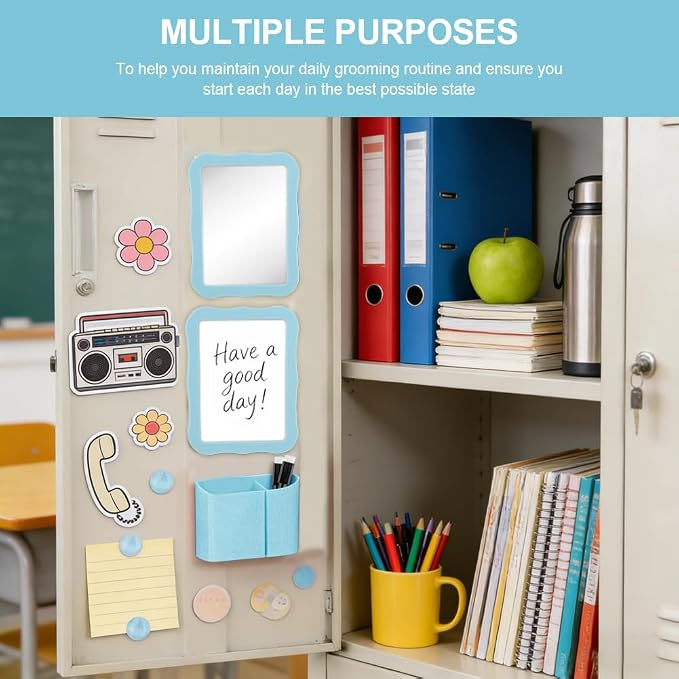 Locker Accessories Kit for Girls, Magnetic Locker Accessories with Mirror, Whiteboard, Pen Holder, Magnets & Dry Erase Markers for School, Office, Organizer Set