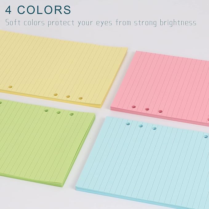 A6 Colorful Refill Paper, [5 Colors] Toplive 100GSM Thick Refillable Paper 6 Hole Filler Inserts Loose Leaf Paper 100 Sheets (200 Pages) for 6 Ring Binder Journal Notebook