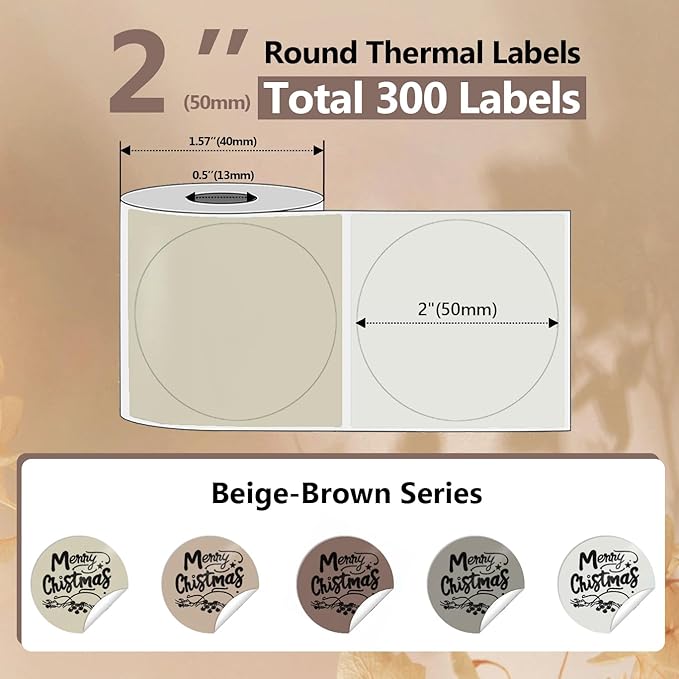 300Pcs 2 Inch Round Thermal Labels for Label Maker, Beige-Brown Series Thermal Stickers for Bakery, Candles, Cafe, 2x150Pcs/ Roll Circle Labels Compatible with PL70E/ PL80E/ Y812/ X1038 Label Printer