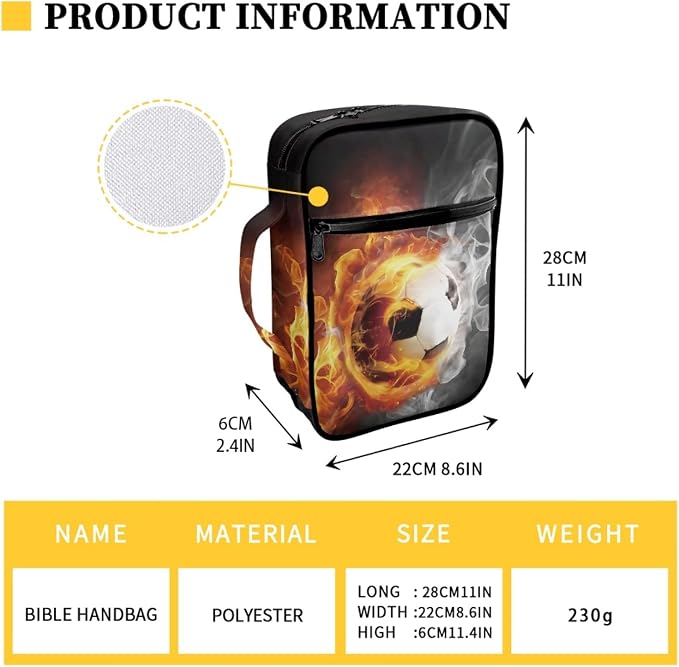 Coldinair Fire Flame Soccer Print Bible Cover Holders for Men Teens Kids Boys,Carrying Book Case Church Bag Bible Bags with Handle and Zippered Pocket