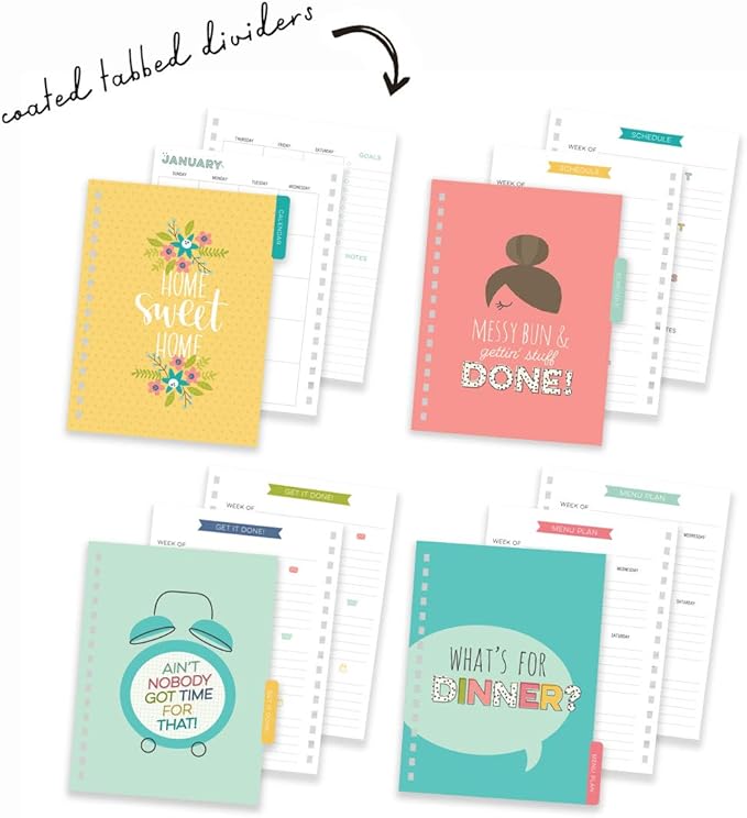 Pukka Pad, Carpe Diem Home Planner Spiral Bound Notebook with 6 Organizational Tabs and 2 Sticker Sheets – Features Appointment Calendars, Schedules, Meal & Grocery Plans, and To-Do Lists – 8.75 x 8in