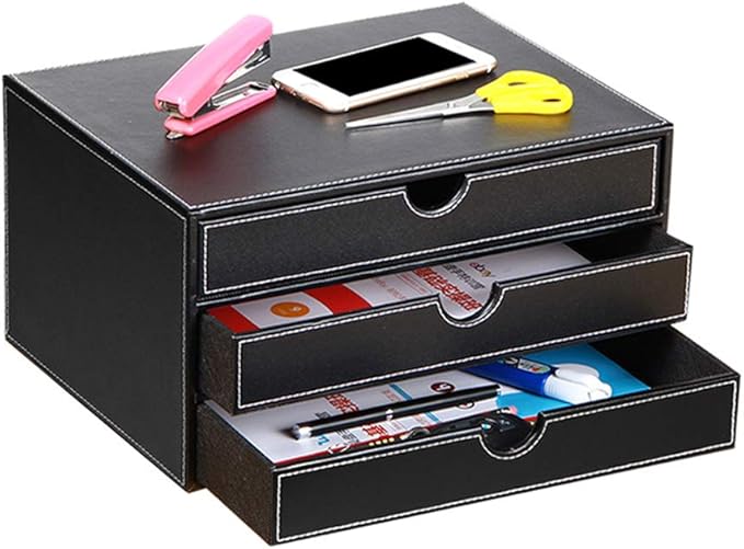 Ayunga Leather Desk Organizer with 3 Drawers, Executive Office Supplies Desktop Filing A4 File Cabinet/Holder,Stackable Storage Box for Jewelry/Bill/Documents/Makeup Home Decor Accessories(Black)