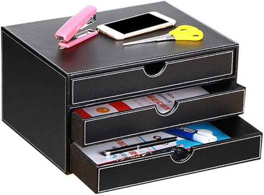 Ayunga Leather Desk Organizer with 3 Drawers, Executive Office Supplies Desktop Filing A4 File Cabinet/Holder,Stackable Storage Box for Jewelry/Bill/Documents/Makeup Home Decor Accessories(Black)