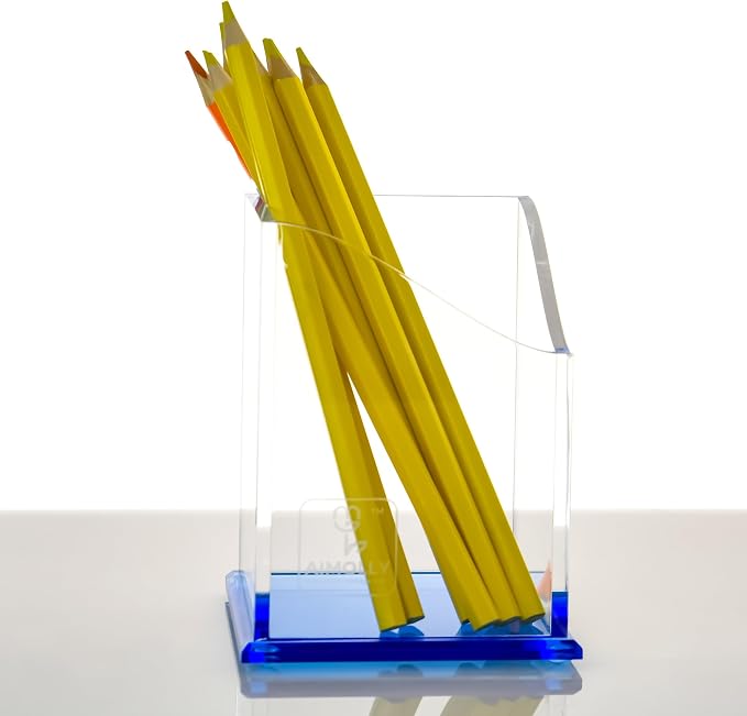 Blue Acrylic Pencil Pen Holder Cup, Desk Accessories Holder,Makeup Brush Storage Organizer, Modern Design Desktop Stationery Organizer for Office School Home Supplies, 3.1x 3.1x 4.3 inch