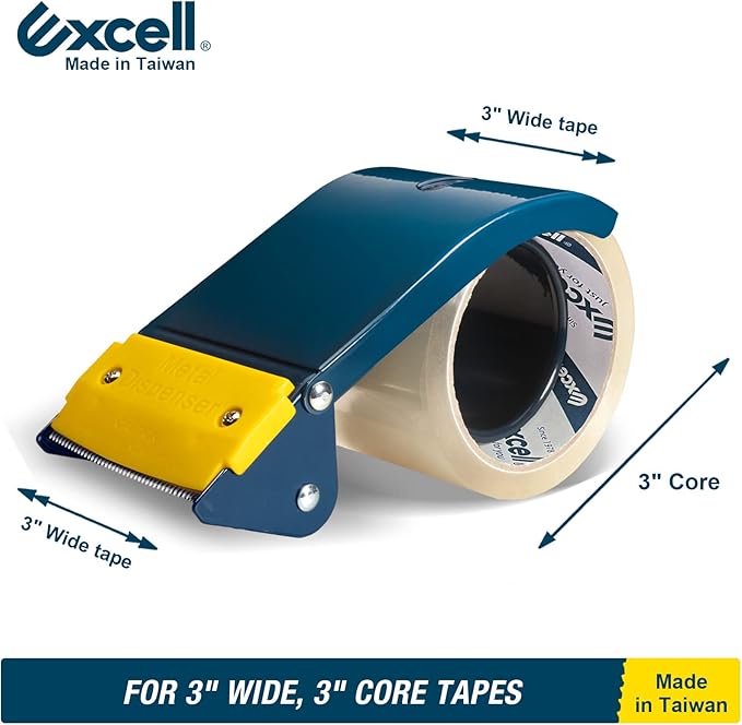 Excell ET-366 3" Wide Handheld Tape Dispenser with Durable Metal Construction, for Packaging, Transportation, Moving and Box Sealing Carton