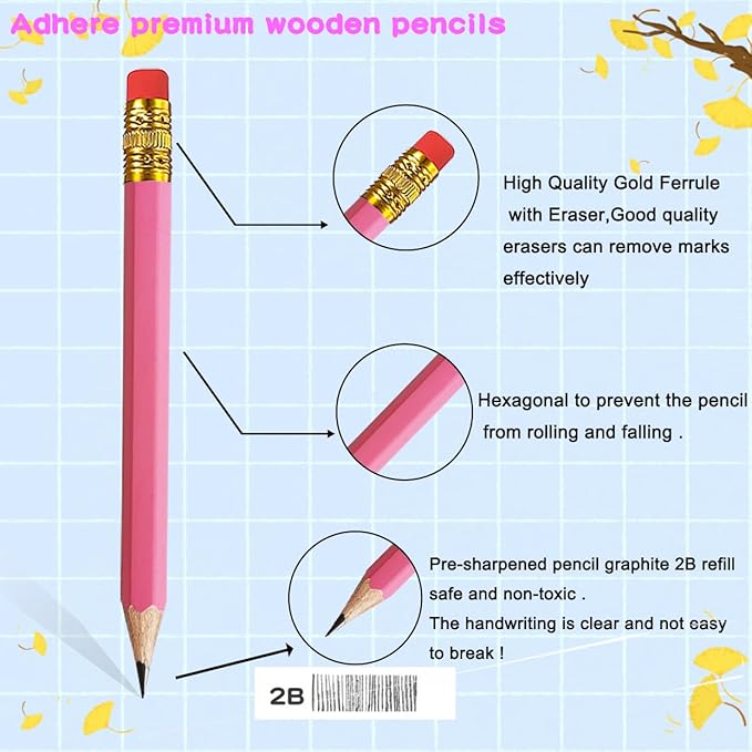 Adhere 25pcs Golf Pencils with eraser Hexagon Wooden Pencils Graphite 2B for Golf Event Scoring,Classroom,Wedding,Company Meetings,Pew, Pocket (z-Pink・Hexagon・50pcs)