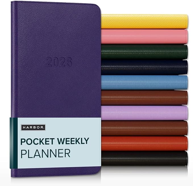 Harbor Pocket Weekly Monthly Planner 2025-2026, Calendar Planner and Notebook, Durable Faux Leather, 192 Pages, Softcover & Book Bound - Key West Dark Purple - 6 x 3.25 "