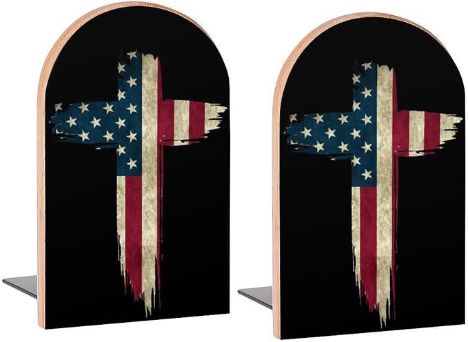 American Flag in Cross Book Ends Decorative Wood Bookends for Shelves Kids Room Desk Home Office Book Stoppers for Magazines,Books, DVDs, 1 Pair/2 Pieces(5x3.1 in)
