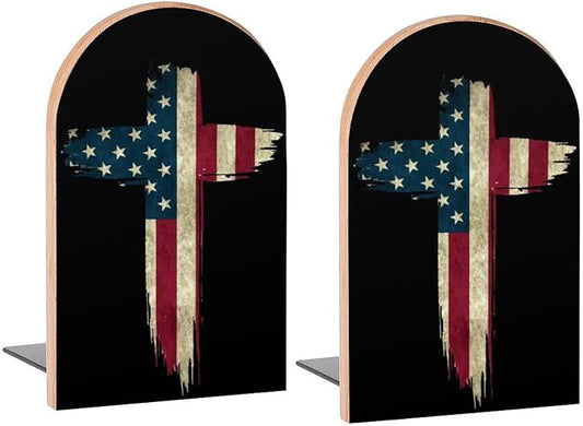 American Flag in Cross Book Ends Decorative Wood Bookends for Shelves Kids Room Desk Home Office Book Stoppers for Magazines,Books, DVDs, 1 Pair/2 Pieces(5x3.1 in)