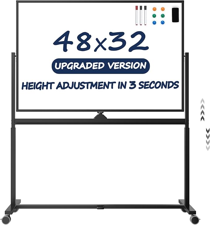 Large Dry-Erase Rolling Magnetic Whiteboard - TSJ OFFICE 48 x 32 Inches Dry Erase Board with Stand Height Adjust Double Sides Mobile White Board Easel on Wheels Office, Home & Classroom